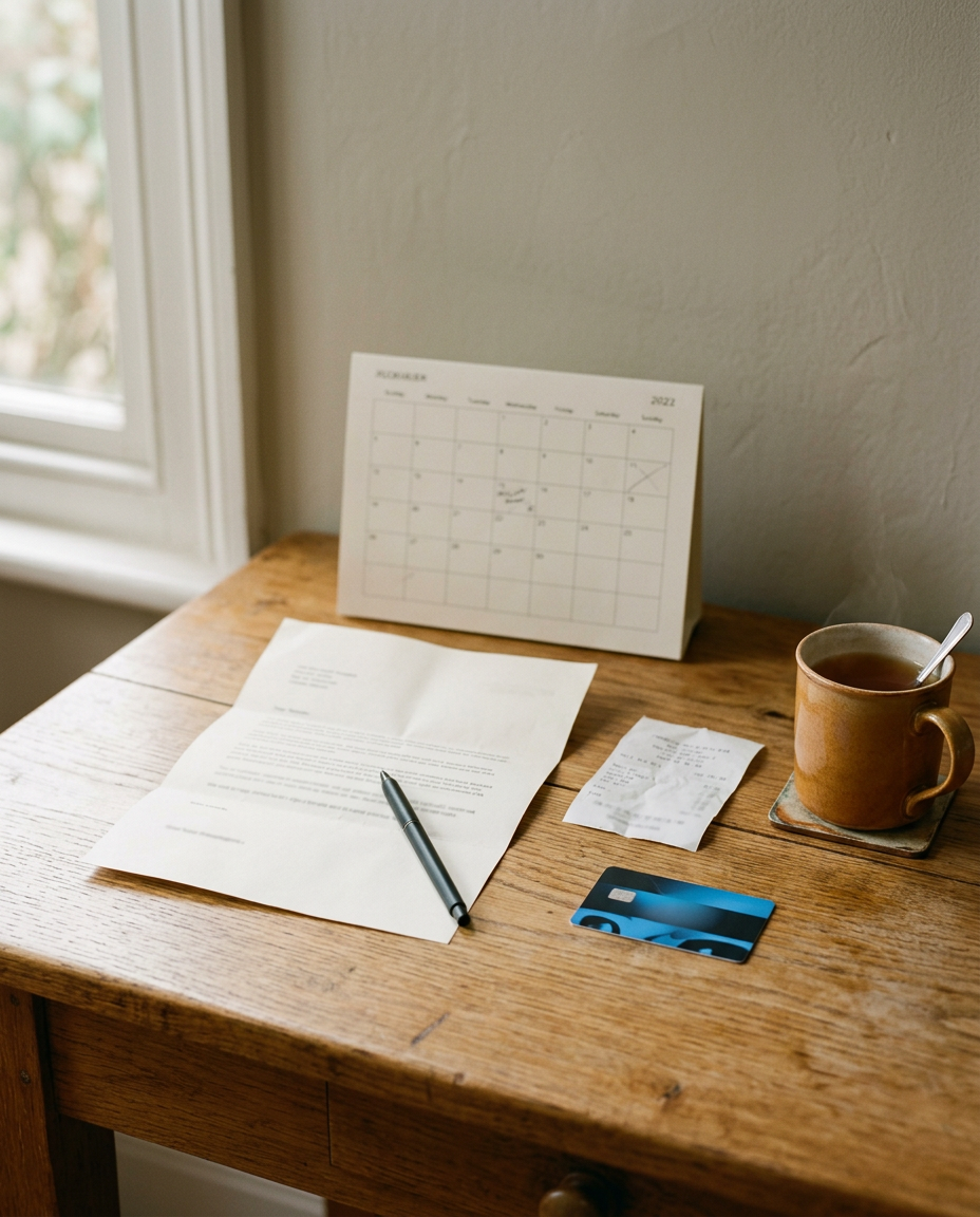 A wooden table with a folded letter and pen, a desk calendar, a receipt, a bank card and a mug of tea