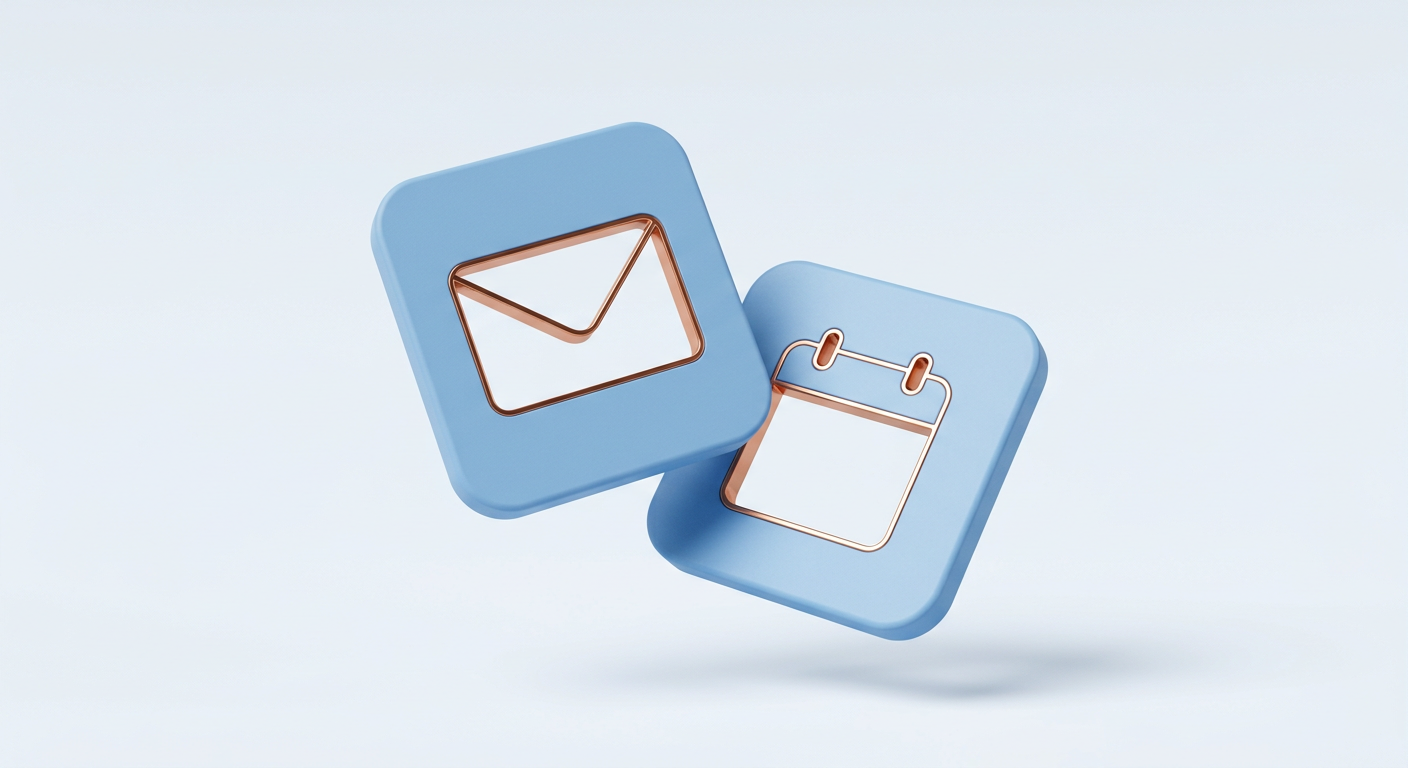Two powder-blue tiles floating, one with an envelope cut-out and one with a calendar cut-out
